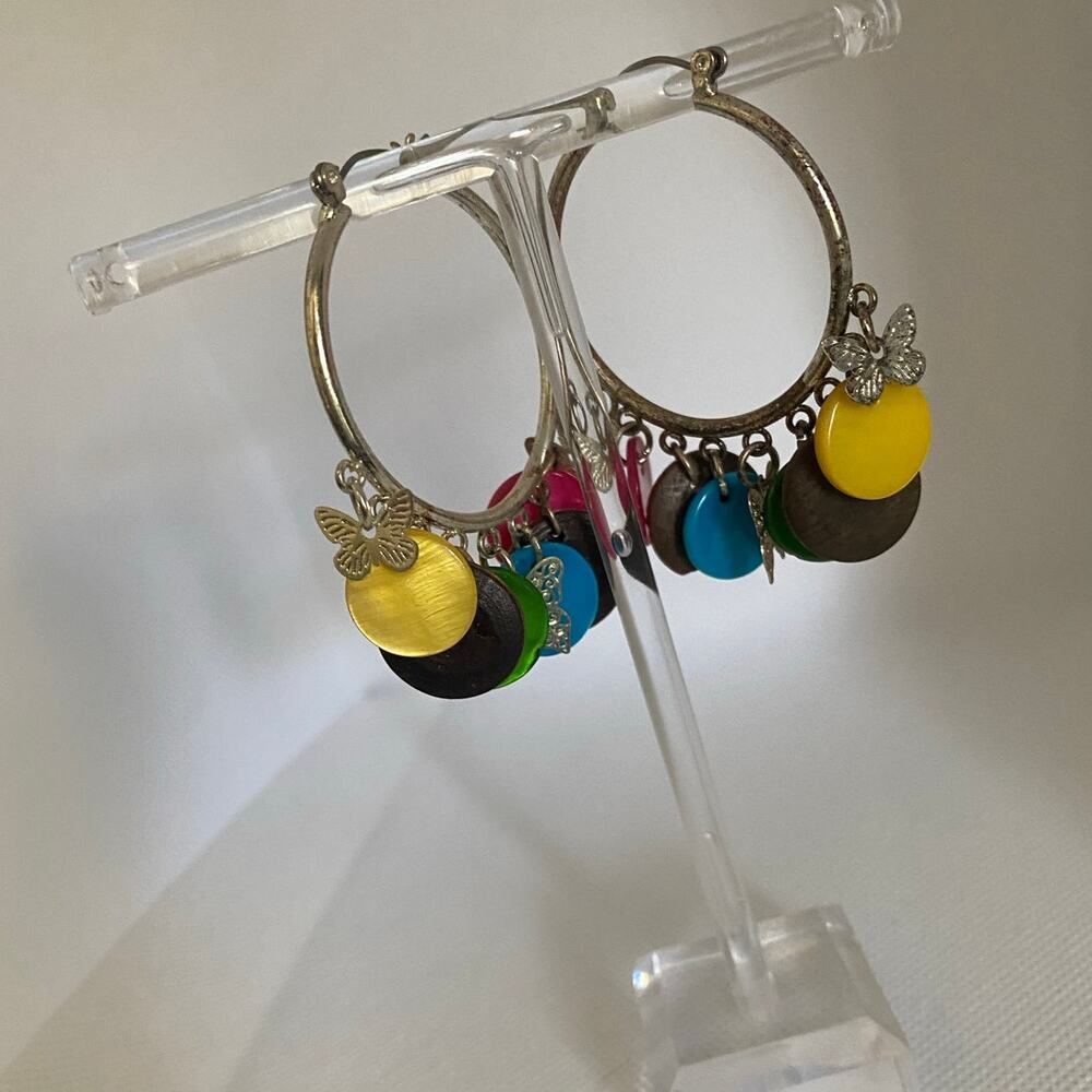 Colorful Boho Hoop Earrings with Butterfly Charms Mixed Disc Dangles 2in - Picture 3 of 17